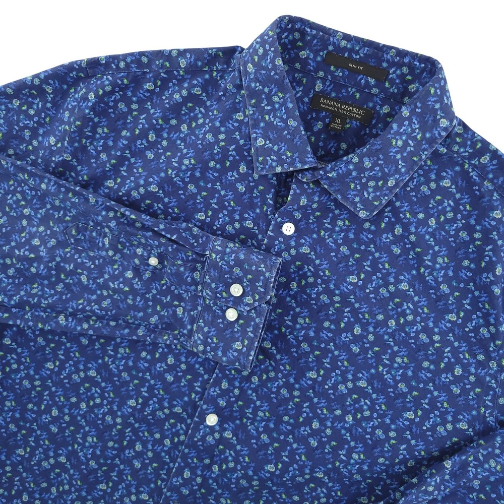 Banana‎ Republic Dress Shirt Mens XL Blue Floral Slim Fit Non Iron Long Sleeve